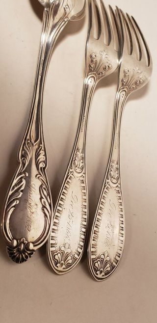 3 ANTQ STERLING SILVER SERVING SPOONS - FORK - enscribed 1852/1866 - 5.  2 ozt - HUTCHKISS 3