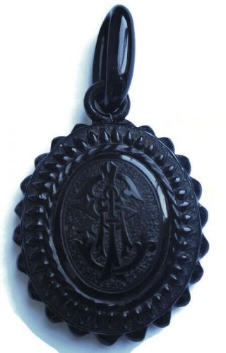 Victorian Mourning Brooch Carved Whitby Jet Anchor Locket Photo Frame Black