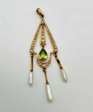 Vintage Solid 14k Gold Peridot Lavalier Pendant With Pearl