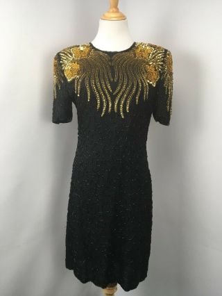 Vtg 80s Mark &john By Sam Beaded Sequin Gold Black Silk Cocktail Dress Tunic L
