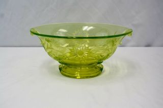 Vintage Vaseline Yellow Green Uranium Glass Fruit Bowl Etched Floral