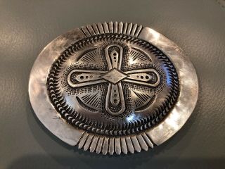 Vintage Sterling Silver Belt Buckle Indian Western Design Handmade 3.  5”