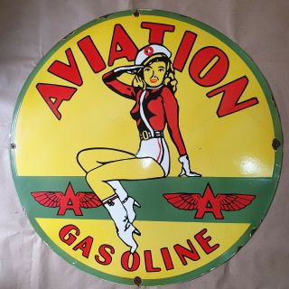 AVIATION GASOLINE VINTAGE PORCELAIN SIGN 30 INCHES ROUND 3