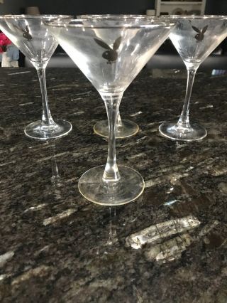 Set Of 4 Vintage Playboy Martini Glasses Bunny Silver Chrome Rim Vtg
