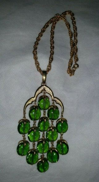 Vintage Crown Trifari Jade Green Lucite Waterfall Chandelier Pendant Necklace