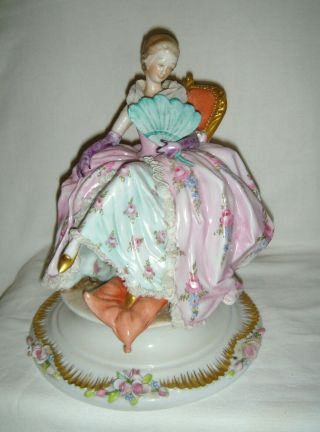 PRETTY VINTAGE CAPODIMONTE PORCELAIN SEATED LACE LADY FIGURINE HOLDING A FAN 10