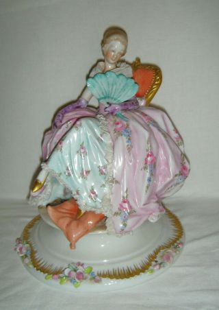 Pretty Vintage Capodimonte Porcelain Seated Lace Lady Figurine Holding A Fan