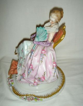 PRETTY VINTAGE CAPODIMONTE PORCELAIN SEATED LACE LADY FIGURINE HOLDING A FAN 8