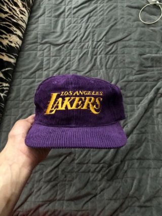 Vtg Los Angeles Lakers Sports Specialties Corduroy Script Hat Snapback Purple