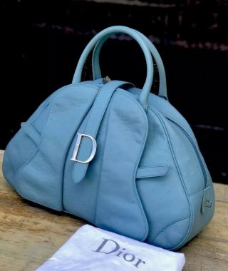 Auth Dior Vintage Ostrich Leather Saddle Blue Bowling Bag Exquisite