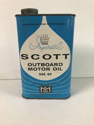 Vintage Imperial Scott Outboard Motor Oil Can Graphics Rare Flat Quart Full