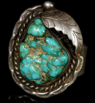Rustic 1970s Old Pawn Vintage Navajo Nugget Turquoise & Sterling Ring Sz 11.  5