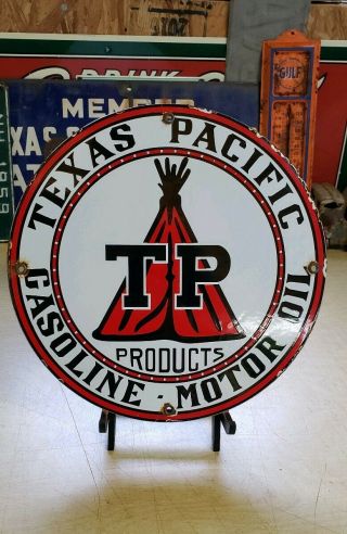 Texas Pacific Gasoline Porcelain Sign Vintage Texaco Oil Petroleum Gas Pump
