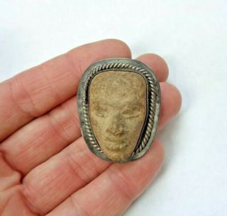 Old Carmen Beckmann Sterling Silver Carved Stone Tribal Ethnic Face Pin Pendant