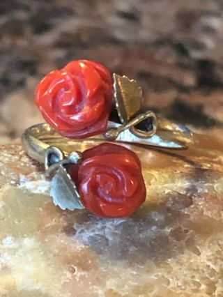 Antique Vintage 800 Sterling Silver Carved Red Coral Twin Rose Ring - Adjustable