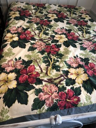 Vtg Bark Cloth Curtain Panel 106” X 72”,  5 - 1/2” Hem Hibiscus Tropical