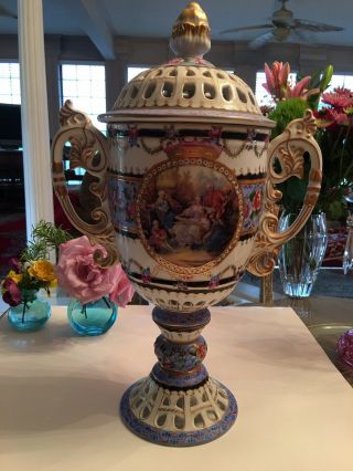 Vintage Limoges Porcelian Lidded Victorian Scene Urn Vase