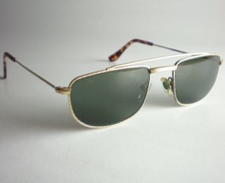 Vintage Ray Ban B&l Usa 1940s Rectangle Sunglasses Gold Aviator Gatsby Deco