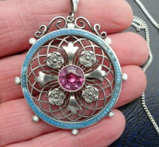 Vintage Jewellery Edwardian Silver Pink Tourmaline Enamel Pendant Necklace 1910