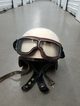 Vintage Motorcycle Motorbike Half Leather Helmet Brown Wlth Goggles