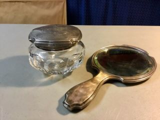 Antiq Sterling Silver Vanity Hand Mirror & Glass Dressing Table Jar W/ss Lid