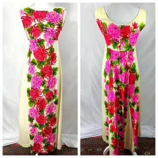 Vintage 60s Ui - Maikai Hawaiian Dress Barkcloth Maxi Mod Floral Dragon Sz S