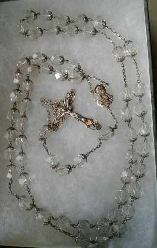 Vtg Afco Italian Crucifix Cut Crystal Beads Sterling Silver Rosary Strand 29.  5 "