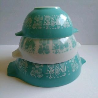 Pyrex Bowl Set 3 Piece Vintage Turquoise And White Amish Butterprint Pattern