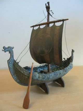 Vintage Iron Art,  Copenhagen Denmark Bronze Highly Detailed Viking Ship On Stand