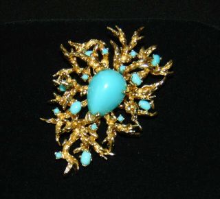 Stunning 3 1/4 " Vintage Signed Panetta Turquoise Gold Tone Brooch Pendant