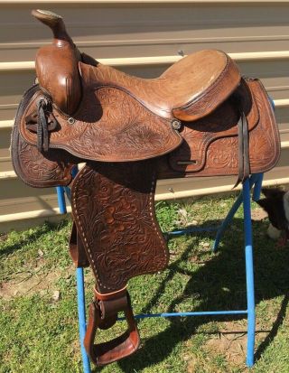 /vintage 15 " Textan Brahma Tooled Leather Western Saddle Us Made