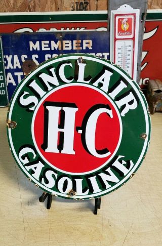 Sinclair H - C Gasoline Porcelain Sign Gas Pump Plate Vintage Opaline Dino Oil