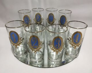 Vtg.  Mcm Blue Gold By Libbey " Numero " Drinking Glasses Set Of 8 Tumbler