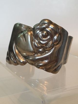 Vtg Wide Repousse Sterling Cuff Bracelet Hand Holding Heart & Flowers Mexico 30g
