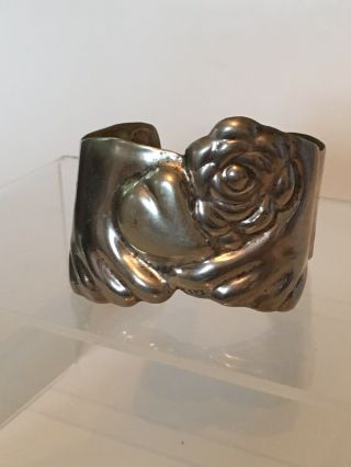 Vtg Wide Repousse Sterling Cuff Bracelet Hand Holding Heart & Flowers Mexico 30G 2