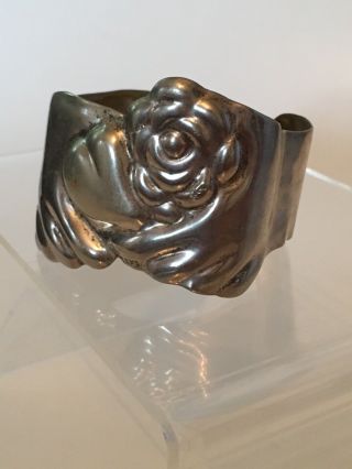 Vtg Wide Repousse Sterling Cuff Bracelet Hand Holding Heart & Flowers Mexico 30G 3