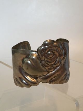 Vtg Wide Repousse Sterling Cuff Bracelet Hand Holding Heart & Flowers Mexico 30G 5