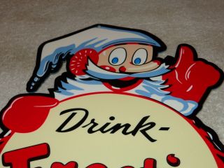 Vintage " Drink Frostie Root Beer W/ Elf " 12 " Baked Metal Soda Pop Gas & Oil Sign