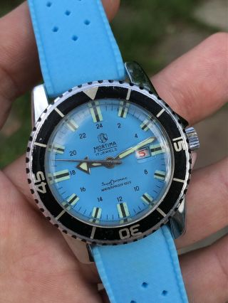 Vintage Mortima French Made Blue Dial Mens Diver Watch 38mm Hand - Winding