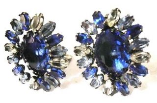 Signed Schreiner Earrings Center Oval Layered W Navette Halo Rhapsody In Blue