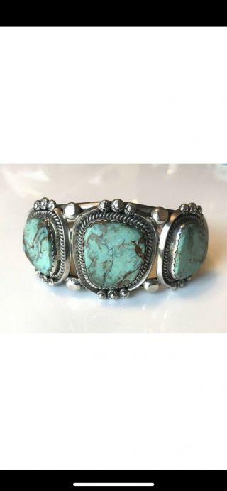 Vintage Sterling Silver & Turquoise Large Cuff Bracelet Signed Anna Begay Navajo