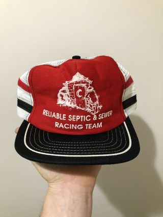 Vintage 80s Reliable Septic & Sewer Racing Team 3 Stripe Snapback Trucker Hat