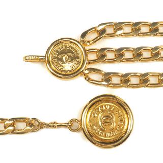 Authentic CHANEL CoCo Mark & Coin Charm Vintage Chain Belt Gold 95P F/S 4