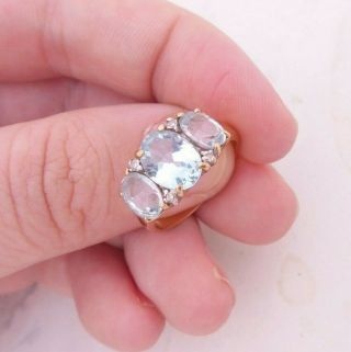 9ct Gold Blue Topaz Diamond Ring,  3 Stone 9k 375