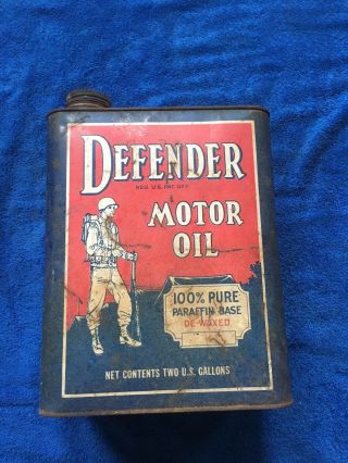 Vintage 1940s Defender Motor Oil Can 2 Gallon Advertising Gas Pennsylvania Pa