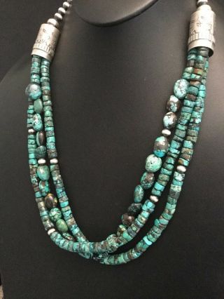 Vintage Sterling Silver 3 Strand Turquoise Bead Necklace