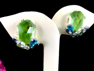 1950’S WEISS SILVER - TONE LIME GREEN GAMMATIC AB RHINESTONE BROOCH EARRINGS SET 3