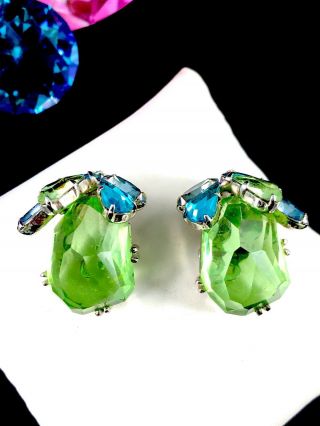 1950’S WEISS SILVER - TONE LIME GREEN GAMMATIC AB RHINESTONE BROOCH EARRINGS SET 7