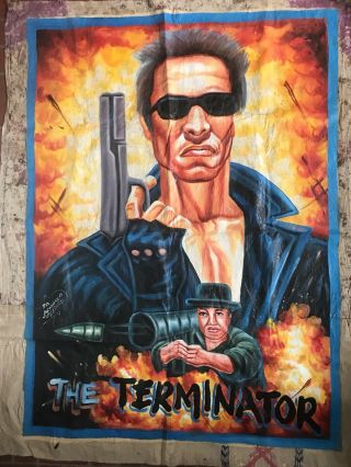 Vtg African Ghana Cinema Movie Flour Sack Painting Poster For Terminator