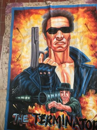 Vtg African Ghana Cinema Movie Flour Sack Painting Poster for Terminator 2